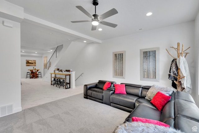 4022 S Burch Creek Way S, Ogden, UT 84405 - living area with recessed lighting, a ceiling fan, and stairs