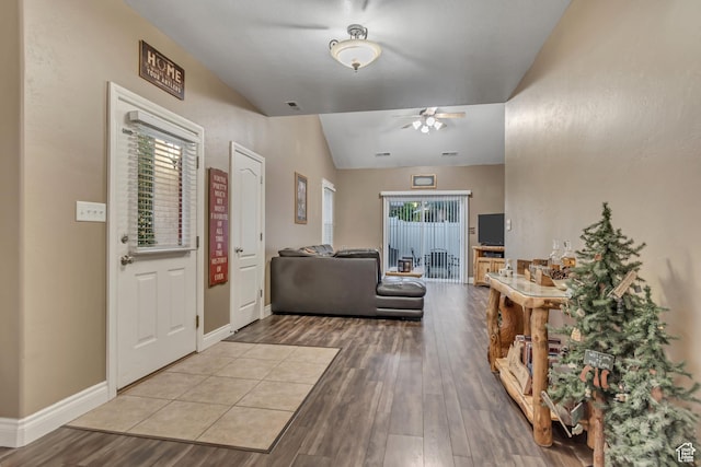 3094 E Somerset Dr, Spanish Fork, UT 84660 - entryway with a ceiling fan, wood finished floors, lofted ceiling, and baseboards