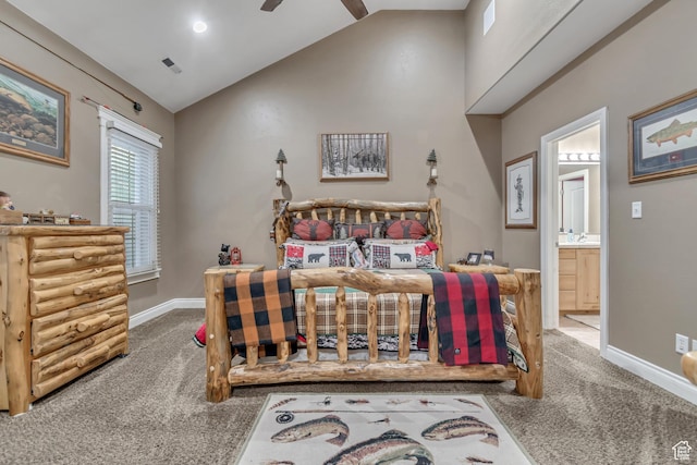 3094 E Somerset Dr, Spanish Fork, UT 84660 - carpeted bedroom featuring baseboards, lofted ceiling, ensuite bath, and ceiling fan