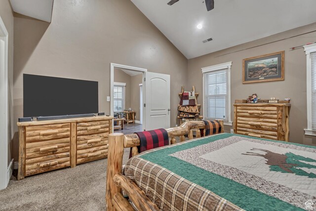 3094 E Somerset Dr, Spanish Fork, UT 84660 - bedroom with high vaulted ceiling, carpet floors, and a ceiling fan