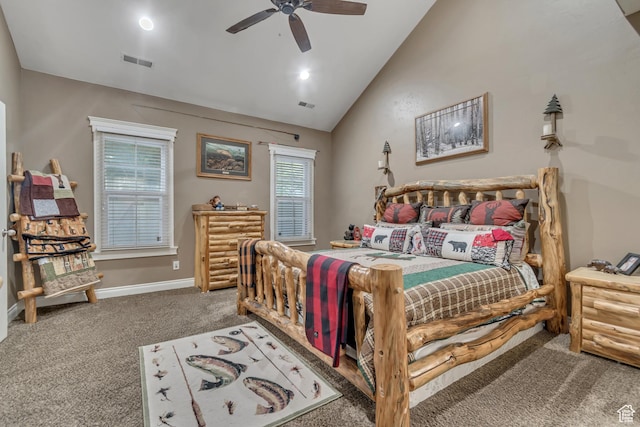 3094 E Somerset Dr, Spanish Fork, UT 84660 - bedroom featuring carpet flooring, high vaulted ceiling, a ceiling fan, and baseboards