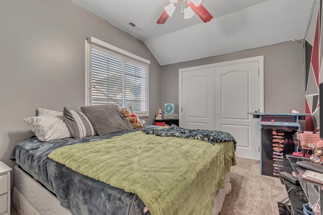 3094 E Somerset Dr, Spanish Fork, UT 84660 - bedroom featuring lofted ceiling, carpet flooring, a closet, and ceiling fan