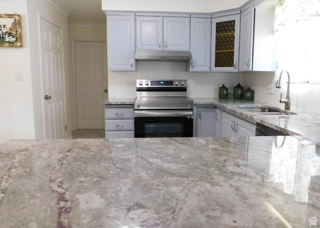4781 S 3040 W, Taylorsville, UT 84129 - kitchen featuring electric stove, under cabinet range hood, a sink, light stone countertops, and ornamental molding