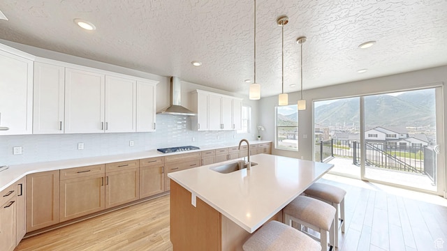 833 N Union Bench Dr W Unit 62, Mapleton, UT 84664 - kitchen with wall chimney range hood, a sink, light wood-type flooring, stainless steel gas stovetop, and light countertops