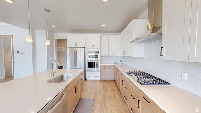 833 N Union Bench Dr W Unit 62, Mapleton, UT 84664 - kitchen featuring a sink, wall chimney range hood, appliances with stainless steel finishes, light wood-style flooring, and light countertops
