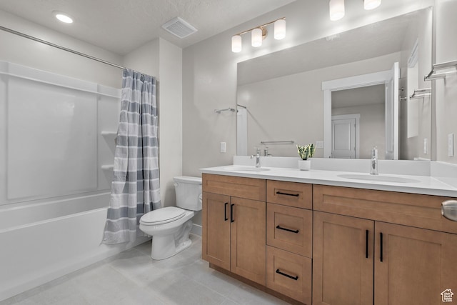 833 N Union Bench Dr W Unit 62, Mapleton, UT 84664 - bathroom featuring double vanity, toilet, shower / bath combination with curtain, and tile patterned floors