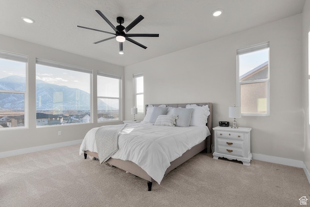 833 N Union Bench Dr W Unit 62, Mapleton, UT 84664 - bedroom with light carpet, baseboards, recessed lighting, a ceiling fan, and a mountain view