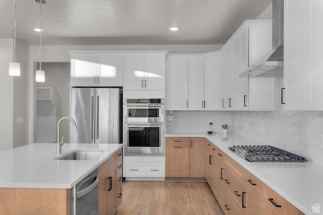 833 N Union Bench Dr W Unit 62, Mapleton, UT 84664 - kitchen featuring stainless steel appliances, a sink, wall chimney exhaust hood, light countertops, and light wood-style flooring