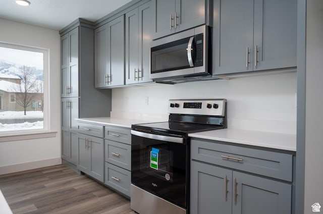 622 S 85 E Unit 4, Smithfield, UT 84335 - kitchen featuring stainless steel appliances, gray cabinets, light countertops, and dark wood-style floors