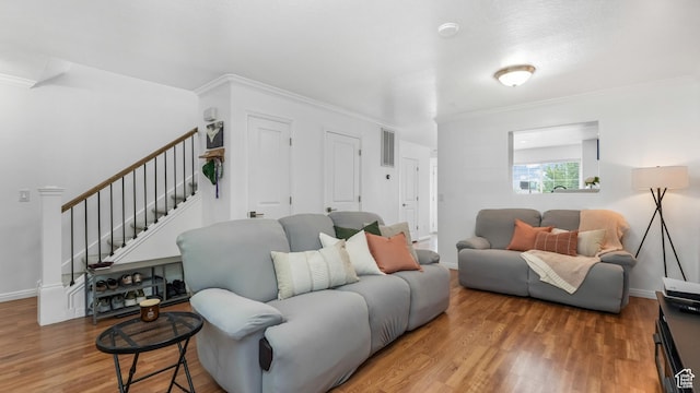 1029 Independence, Provo, UT 84604 - living room with stairway, wood finished floors, crown molding, and baseboards