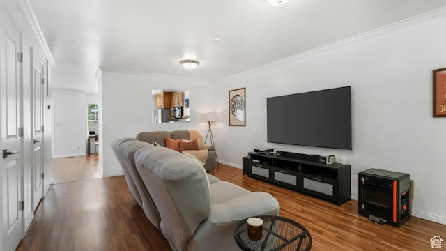 1029 Independence, Provo, UT 84604 - living room featuring ornamental molding, wood finished floors, and baseboards