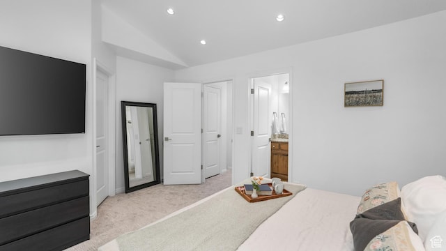 1029 Independence, Provo, UT 84604 - bedroom with light carpet, vaulted ceiling, recessed lighting, and ensuite bath