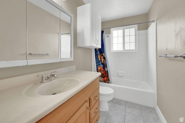 2652 W 6050 S, Roy, UT 84067 - bathroom featuring vanity, toilet, shower / tub combo, marble look tiles, and baseboards