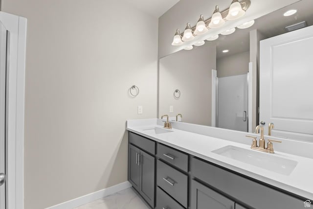 11839 S Harvest Gold Way, Riverton, UT 84065 - bathroom with marble finish floors, baseboards, double vanity, and recessed lighting