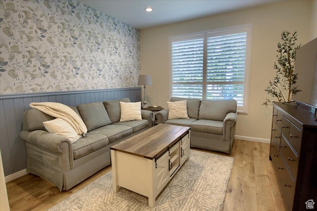 58 N 285 W, Centerville, UT 84014 - living room featuring light wood finished floors, wallpapered walls, wainscoting, recessed lighting, and baseboards