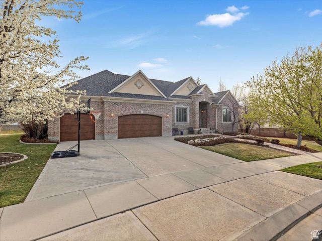 2026 E Tivoli Hills Ct, Draper, UT 84020 - french country inspired facade with an attached garage, a front yard, brick siding, concrete driveway, and roof with shingles