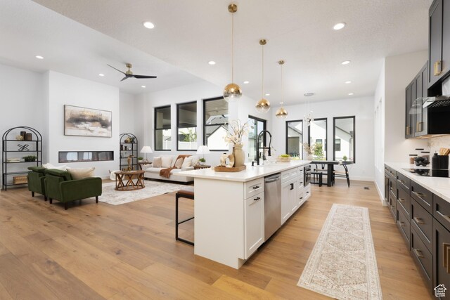 6552 W Timber Ranch Dr, Herriman, UT 84096 - kitchen with light wood-style flooring, light countertops, stainless steel dishwasher, healthy amount of natural light, and recessed lighting