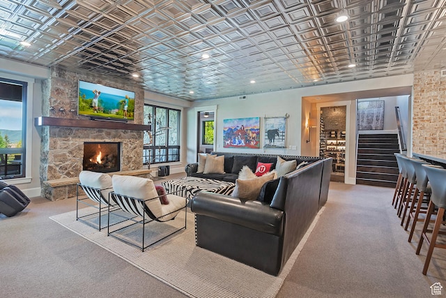 3428 Westview Trl, Park City, UT 84098 - living room with an ornate ceiling, a stone fireplace, carpet floors, baseboards, and stairs