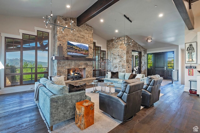 3428 Westview Trl, Park City, UT 84098 - living area with wood finished floors, beam ceiling, a stone fireplace, baseboards, and recessed lighting