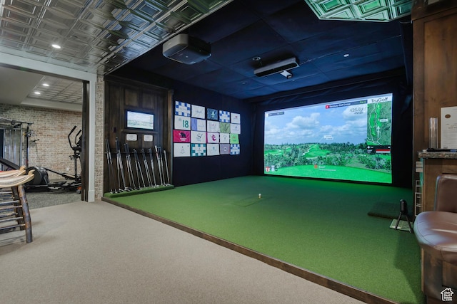 3428 Westview Trl, Park City, UT 84098 - recreation room with golf simulator, carpet flooring, brick wall, and healthy amount of natural light