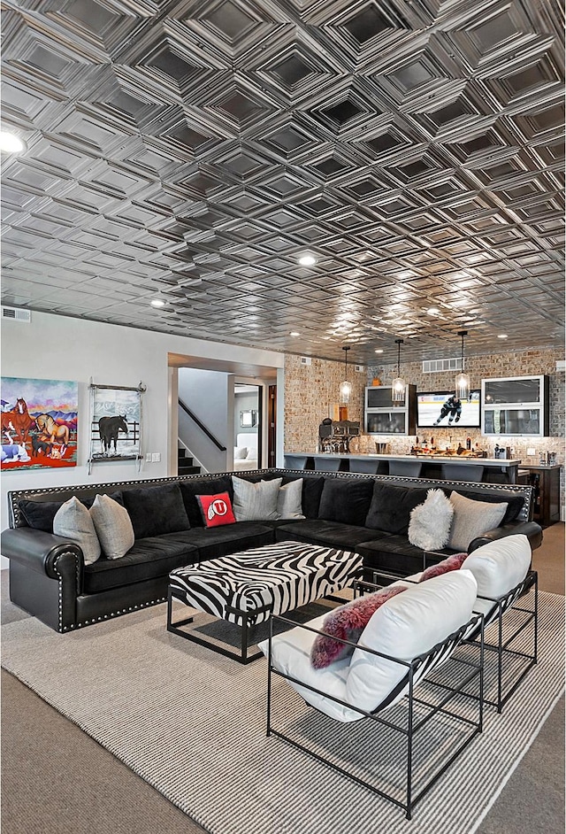 3428 Westview Trl, Park City, UT 84098 - sunken living room with an ornate ceiling, carpet flooring, and stairs