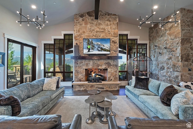 3428 Westview Trl, Park City, UT 84098 - living area with a chandelier, a fireplace, wood finished floors, beamed ceiling, and high vaulted ceiling