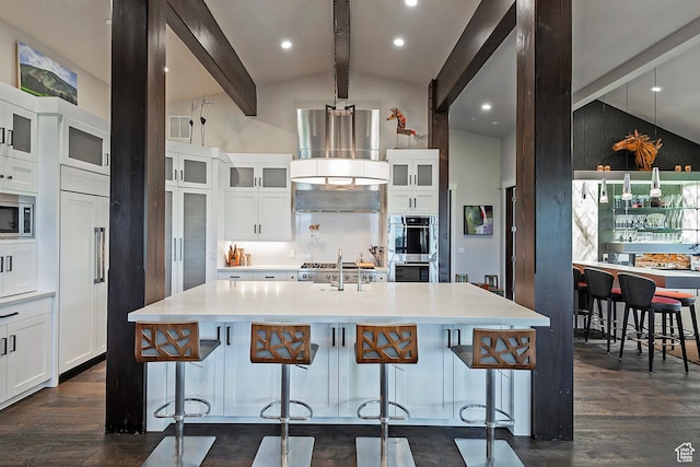 3428 Westview Trl, Park City, UT 84098 - kitchen with stainless steel appliances, dark wood-style floors, a large island with sink, and light countertops