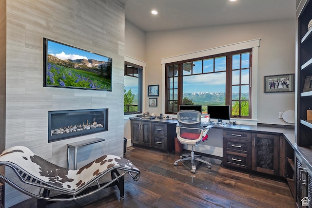 3428 Westview Trl, Park City, UT 84098 - home office with dark wood-style floors, recessed lighting, and a tile fireplace