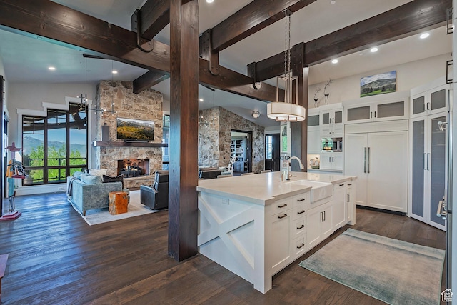 3428 Westview Trl, Park City, UT 84098 - kitchen with a sink, open floor plan, plenty of natural light, beamed ceiling, and a high ceiling