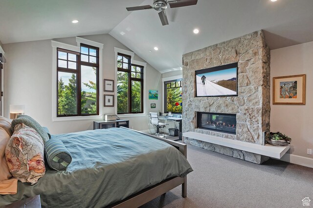 3428 Westview Trl, Park City, UT 84098 - bedroom featuring a fireplace, baseboards, vaulted ceiling, carpet flooring, and recessed lighting