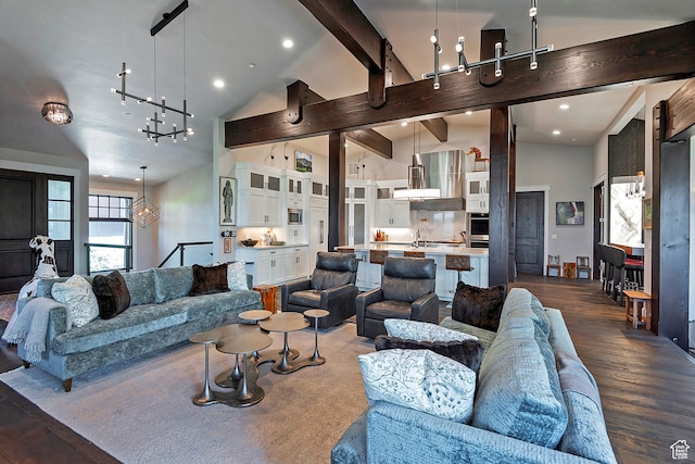 3428 Westview Trl, Park City, UT 84098 - living area featuring a chandelier, beam ceiling, dark wood-style floors, recessed lighting, and high vaulted ceiling