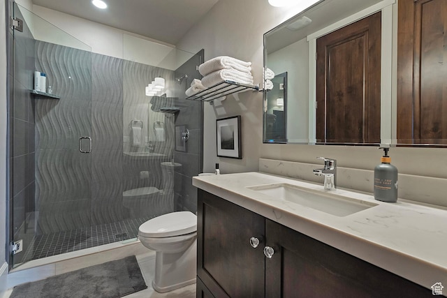 3428 Westview Trl, Park City, UT 84098 - full bathroom with toilet, vanity, a stall shower, and tile patterned floors