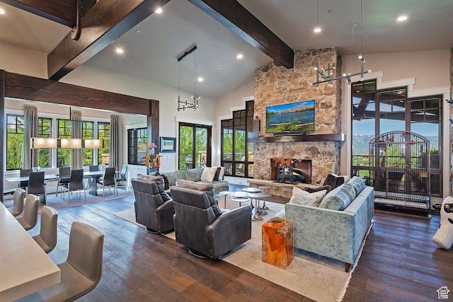 3428 Westview Trl, Park City, UT 84098 - living room with beamed ceiling, healthy amount of natural light, wood finished floors, recessed lighting, and a stone fireplace