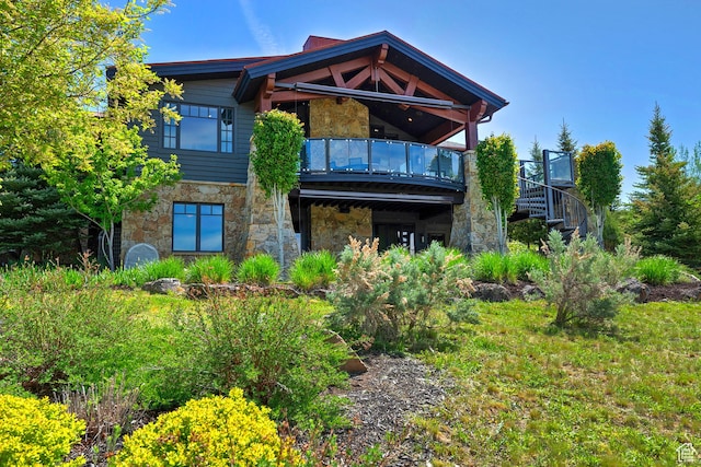 3428 Westview Trl, Park City, UT 84098 - back of house with stone siding, stairs, and a balcony
