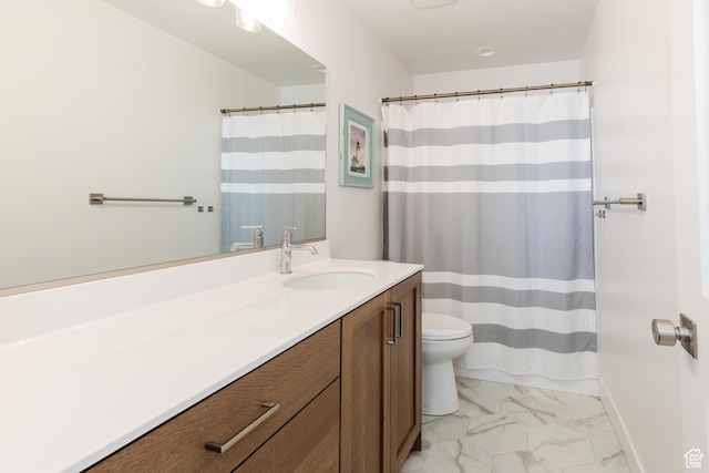 611 E 400 N, Providence, UT 84332 - full bathroom featuring marble look tile flooring, vanity, toilet, baseboards, and a shower with curtain