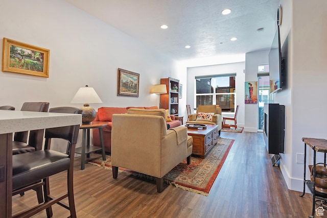 1370 Center Dr Unit 17, Kimball Junction, UT 84098 - living room with recessed lighting, dark wood-style flooring, baseboards, and a textured ceiling