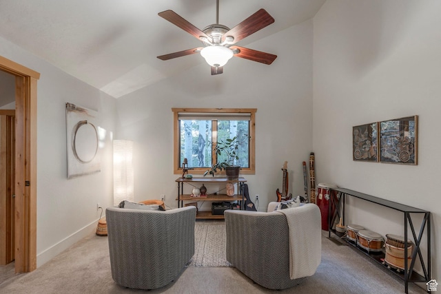 2126 Twilight Ct, Park City, UT 84060 - carpeted living room featuring lofted ceiling, ceiling fan, and baseboards