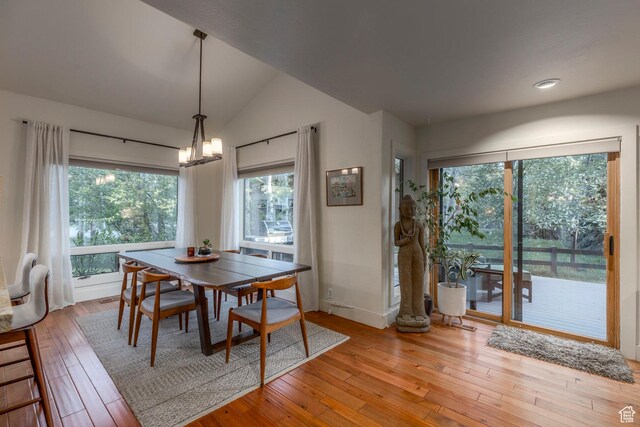 2126 Twilight Ct, Park City, UT 84060 - dining room featuring light wood-style flooring, vaulted ceiling, baseboards, a chandelier, and recessed lighting