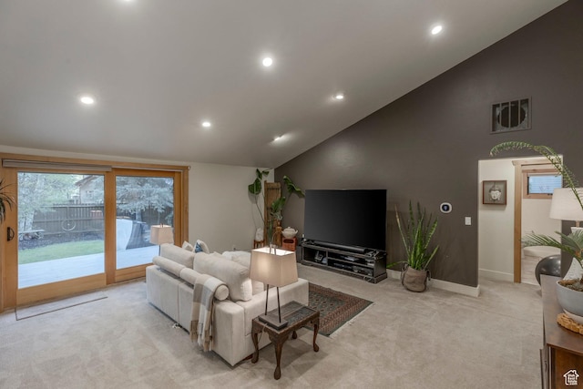 2126 Twilight Ct, Park City, UT 84060 - living room featuring recessed lighting, light carpet, baseboards, and high vaulted ceiling