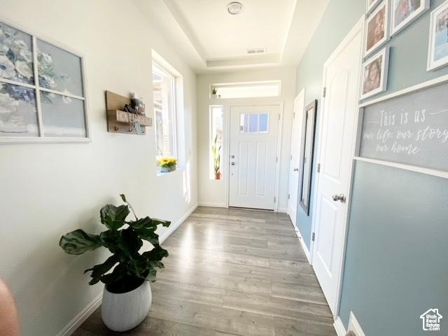 723 E 380 S, American Fork, UT 84003 - foyer entrance featuring a tray ceiling, wood finished floors, and baseboards