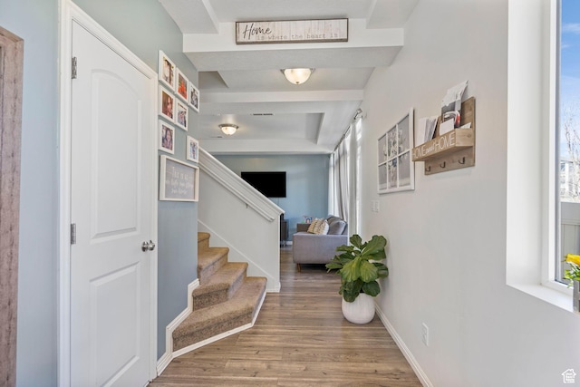 723 E 380 S, American Fork, UT 84003 - corridor with wood finished floors, baseboards, stairway, plenty of natural light, and beam ceiling