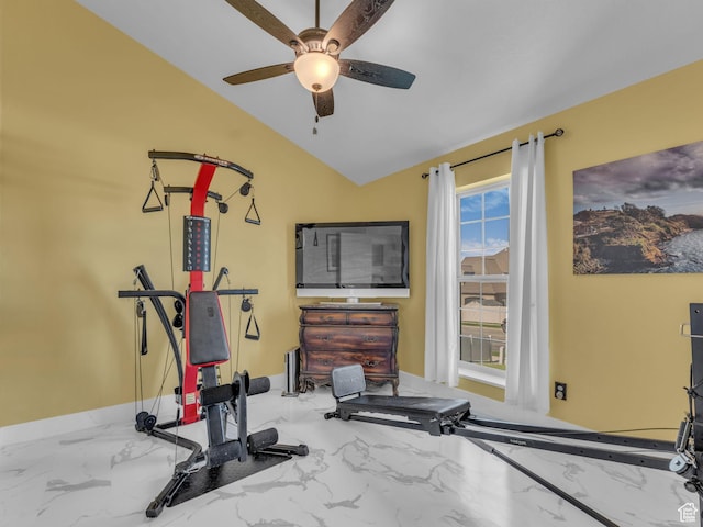 1872 N 1850 E, North Logan, UT 84341 - workout area with baseboards, marble finish flooring, a ceiling fan, and vaulted ceiling