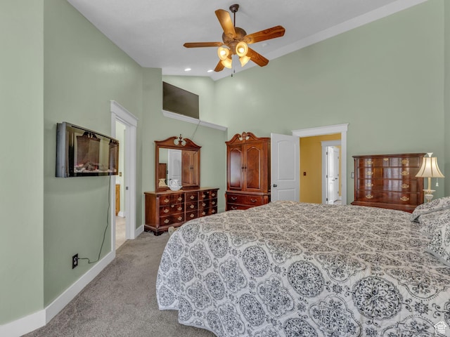 1872 N 1850 E, North Logan, UT 84341 - bedroom with high vaulted ceiling, carpet flooring, baseboards, and ceiling fan