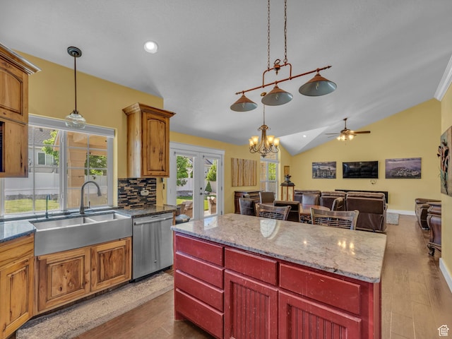 1872 N 1850 E, North Logan, UT 84341 - kitchen featuring stainless steel dishwasher, a sink, a ceiling fan, dark wood-type flooring, and french doors