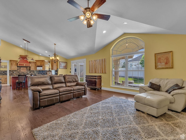 1872 N 1850 E, North Logan, UT 84341 - living room featuring lofted ceiling, ceiling fan, a chandelier, dark wood-type flooring, and recessed lighting