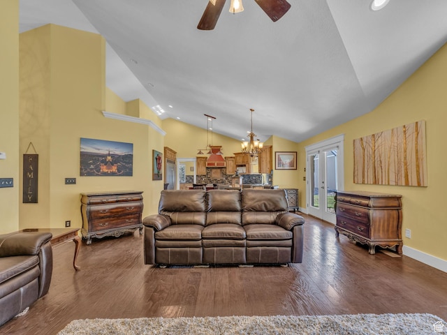 1872 N 1850 E, North Logan, UT 84341 - living room featuring a ceiling fan, a chandelier, wood finished floors, baseboards, and high vaulted ceiling