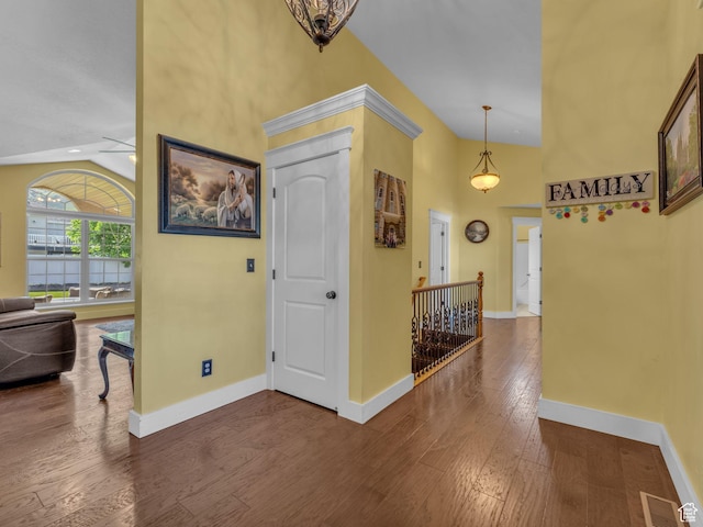 1872 N 1850 E, North Logan, UT 84341 - hall featuring an upstairs landing, baseboards, hardwood / wood-style flooring, and high vaulted ceiling
