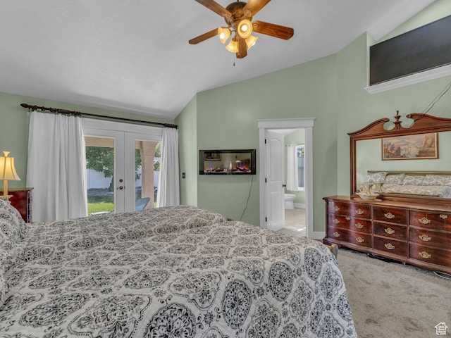 1872 N 1850 E, North Logan, UT 84341 - carpeted bedroom with lofted ceiling, access to exterior, french doors, ensuite bathroom, and ceiling fan