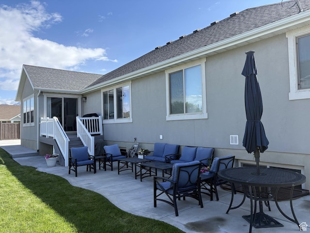 239 N 2400 E, Spanish Fork, UT 84660 - rear view of property with a patio area, roof with shingles, an outdoor living space, and a yard