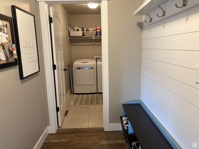 239 N 2400 E, Spanish Fork, UT 84660 - washroom with washer and dryer, dark wood finished floors, and baseboards